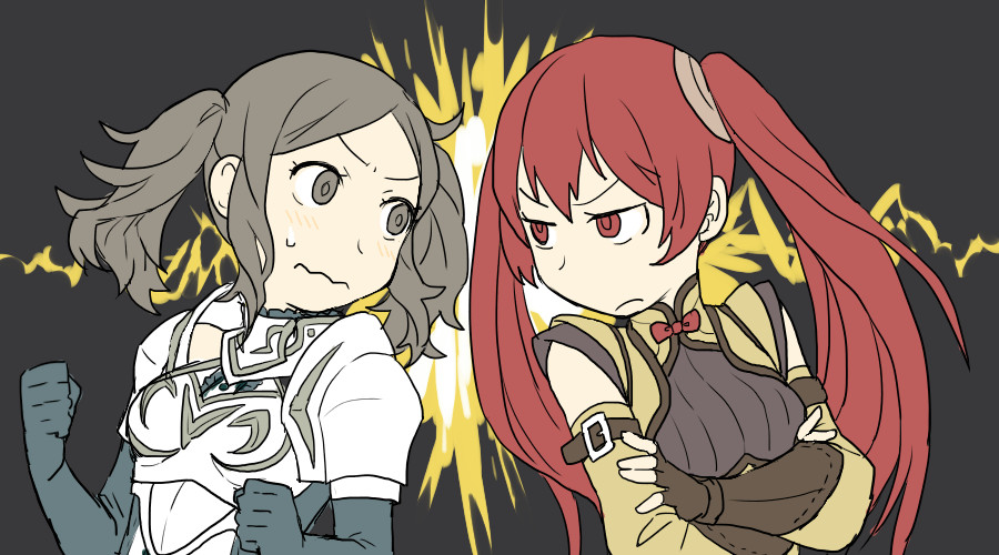 2girls, confrontation, crossed_arms, cynthia_(fire_emblem), fire_emblem, fire_emblem:_kakusei, grey_eyes, grey_hair