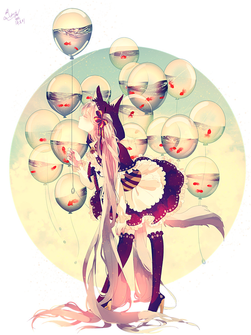 1girl, 2014, absurdres, animal_ears, balloon, closed_eyes, dated, fish, hair_ribbon, hatsune_miku, high_heels, highres, hzrn_(ymj924), leaning_forward, long_hair, ribbon, solo, tail, thigh-highs, very_long_hair, vocaloid, water, water_balloon