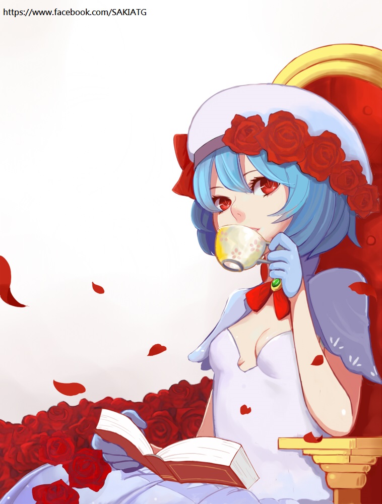 1girl, alternate_costume, atg_(wttoo0202), blue_hair, book, brooch, capelet, cup