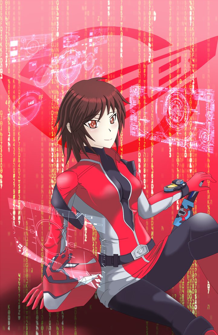 1girl, brown_hair, female, genderswap, helmet, nexus_trinity, red_buster, red_eyes