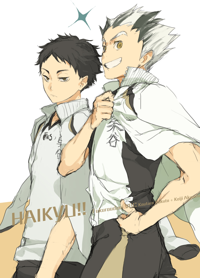 2boys, akaashi_keiji, bokuto_koutarou, character_name, copyright_name, grin, haikyuu!!, jacket_on_shoulders