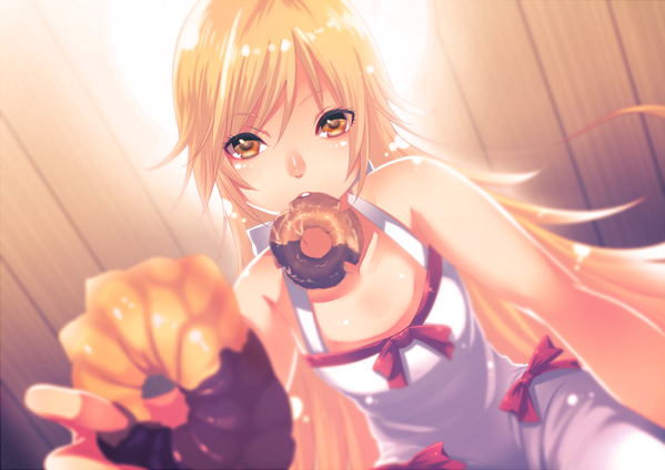 1girl, asahi_manyou, blonde_hair, doughnut, dress, long_hair, monogatari_(series), mouth_hold