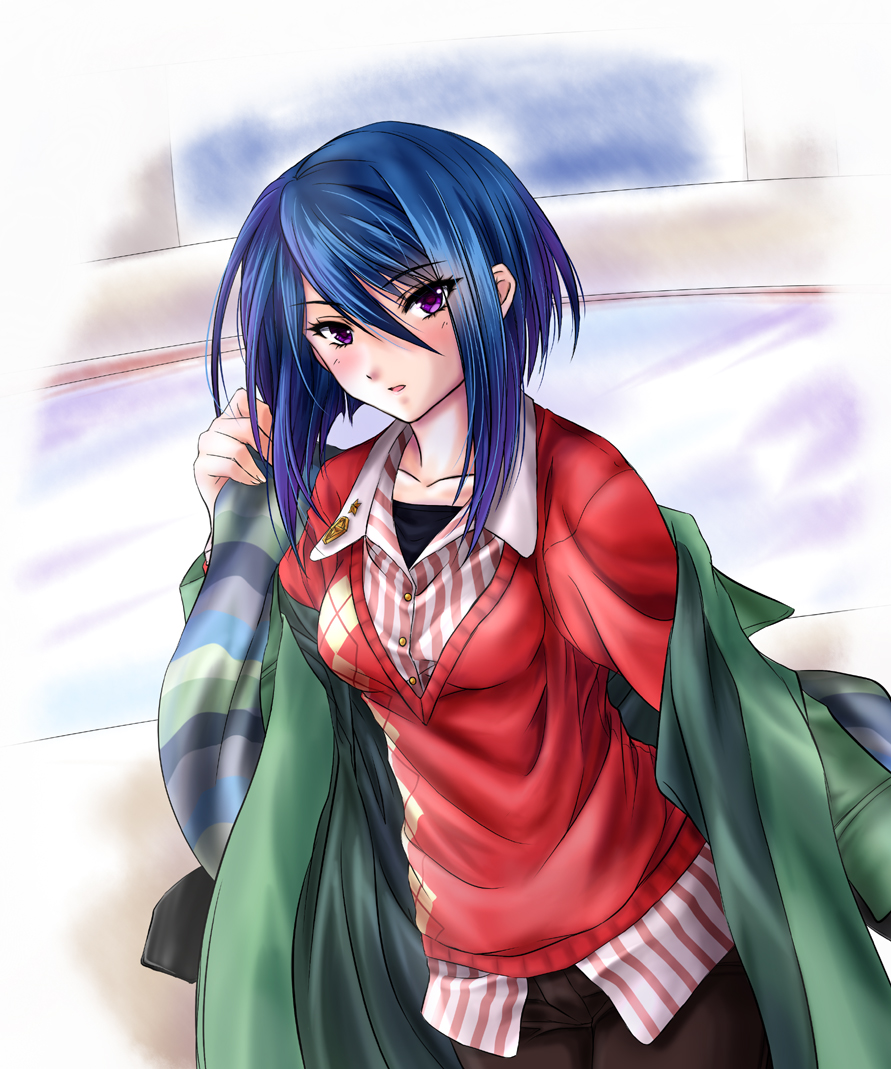 1girl, blue_hair, blush, breasts, commentary_request, everythinghoney, girlfriend_(kari), hibara_eiko
