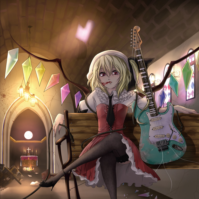 blonde_hair, blood, error, flandre_scarlet, guitar, high_heels, instrument, pantyhose