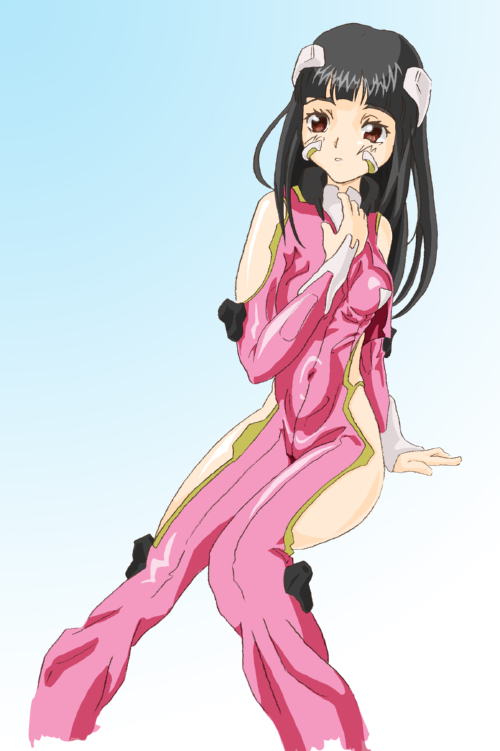 1girl, black_hair, bodysuit, brown_eyes, covered_navel, gradient, gradient_background, hazama_shouko