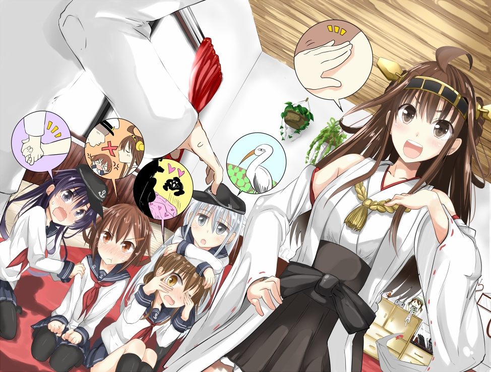 1boy, 5girls, admiral_(kantai_collection), akatsuki_(kantai_collection), bird, blush, brown_eyes, brown_hair