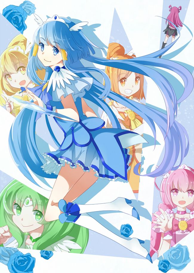 6+girls, aoki_reika, back, bike_shorts, blonde_hair, blouse, blue_eyes, blue_hair