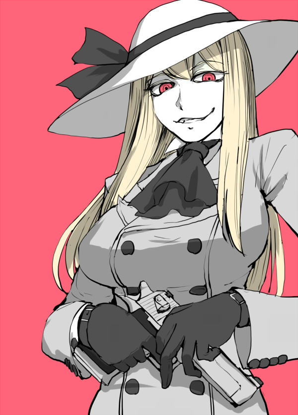 1girl, ascot, black_gloves, blonde_hair, breasts, coat, gloves, gun, hat, hat_ribbon, kirisaki_akihito, original, red_eyes, ribbon, weapon