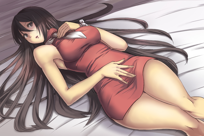 1girl, bare_legs, bare_shoulders, bed_sheet, breasts, brown_eyes, brown_hair, guilty_gear, hand_on_own_chest, hand_on_own_stomach, impossible_clothes, lipstick, long_hair, looking_to_the_side, lying, makeup, miniskirt, mitsumachi_senji, necktie, on_back, parted_lips, sharon_(guilty_gear), side_slit, skirt, solo, tight_dress, turtleneck, very_long_hair