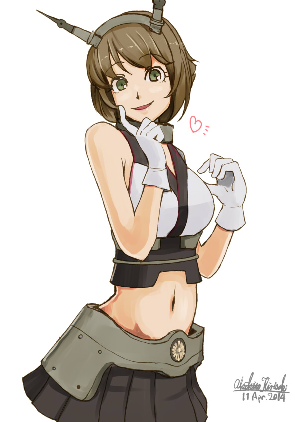 1girl, bare_shoulders, breasts, brown_hair, gloves, green_eyes, hairband, headgear, heart, kantai_collection, kirisaki_akihito, lips, midriff, mutsu_(kantai_collection), navel, personification, short_hair, skirt, solo
