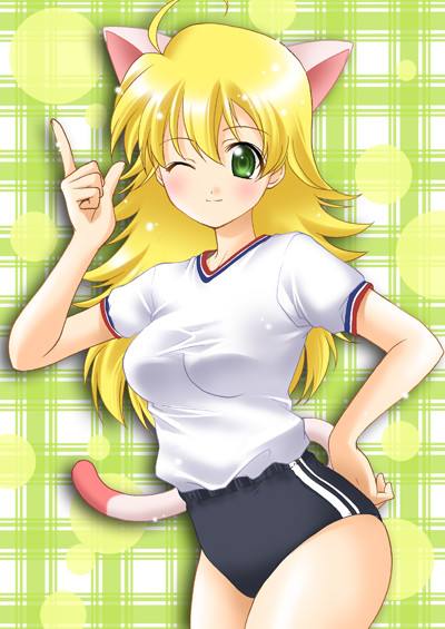 ahoge, blonde_hair, bloomers, green_eyes, long_hair, nekomimi, pe_uniform, sports