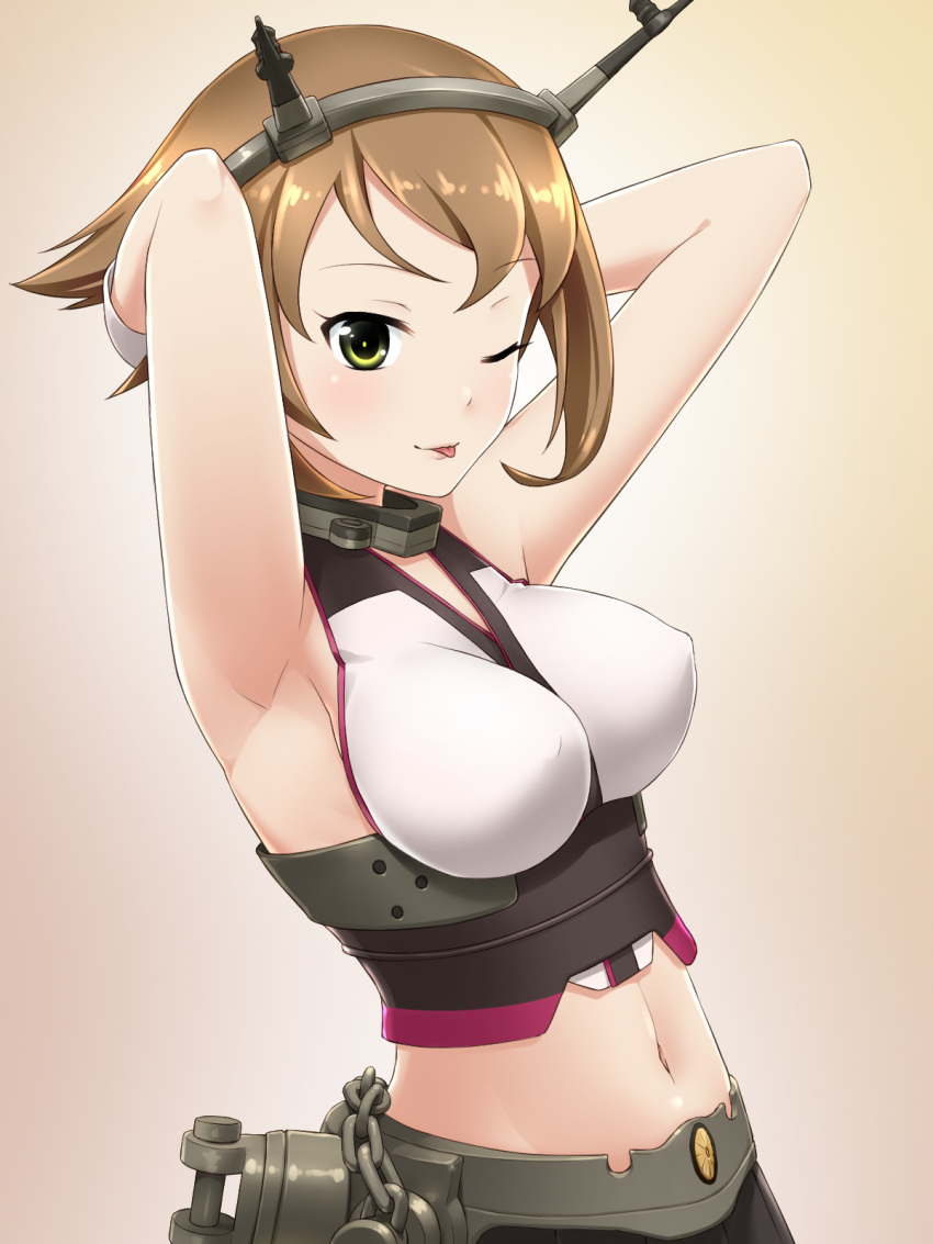 1girl, armpits, bare_shoulders, breasts, brown_hair, chain, gloves, gradient