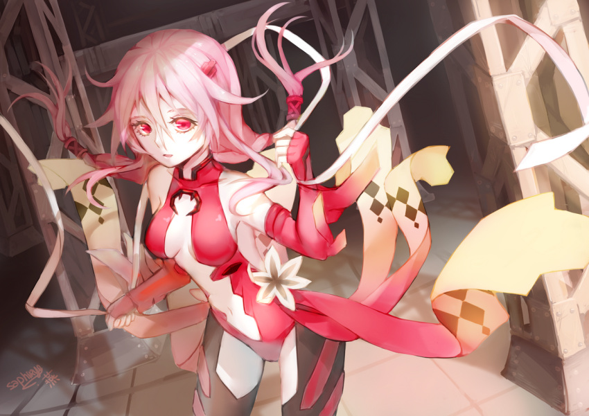 1girl, bare_shoulders, black_legwear, breasts, center_opening, cleavage, detached_sleeves, fingerless_gloves
