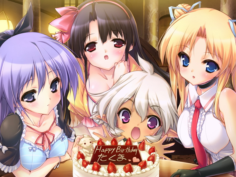 ahoge, birthday, black_hair, blonde_hair, blue_eyes, blush, breasts, cake, choker, cleavage, dark_skin, fang, food, fruit, game_cg, hair_ribbon, happy_birthday, kirisaki_kaede, momoiro_guardian, multiple_girls, open_mouth, pastry, pink_eyes, pointy_ears, ponytail, purple_eyes, purple_hair, red_eyes, rena_fraulain, ribbon, shao, shiromiya_shizuku, strawberry, twintails, urotan, wallpaper, white_hair