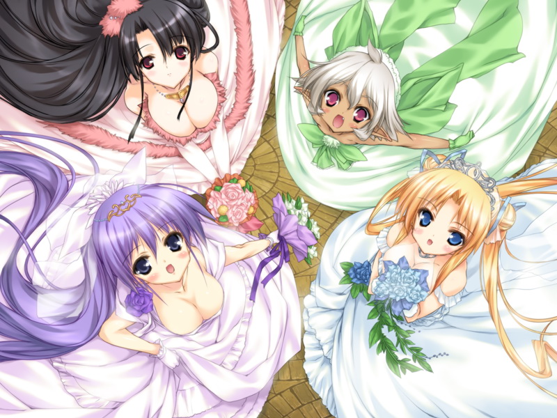 black_hair, blonde_hair, blue_eyes, blush, bouquet, bow, breasts, bridal_veil