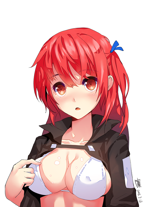 1girl, bikini_top, blush, breasts, cleavage, collarbone, hair_ribbon, large_breasts