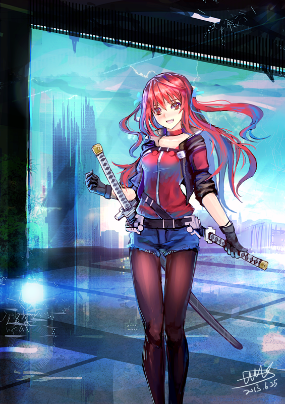 1girl, 2013, belt, black_gloves, breasts, choker, dated, denim, denim_shorts, fang, gloves, hair_ribbon, katana, long_hair, original, pantyhose, red_eyes, redhead, ribbon, scabbard, sheath, sheathed, shorts, signature, sky, solo, sword, tianlluo, two_side_up, weapon, window