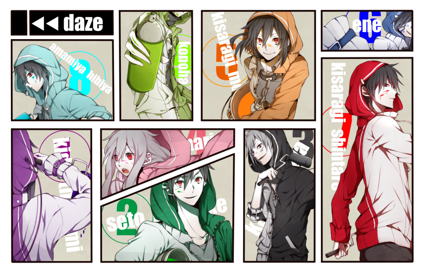 4girls, 5boys, amamiya_hibiya, ene_(kagerou_project), headphones, highres, hoodie, kagerou_project