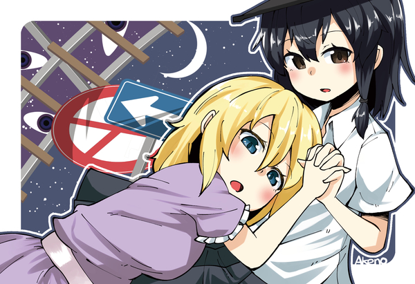 2girls, akeno_(akenosora), artist_name, black_hair, blonde_hair, blue_eyes, brown_eyes, crescent_moon