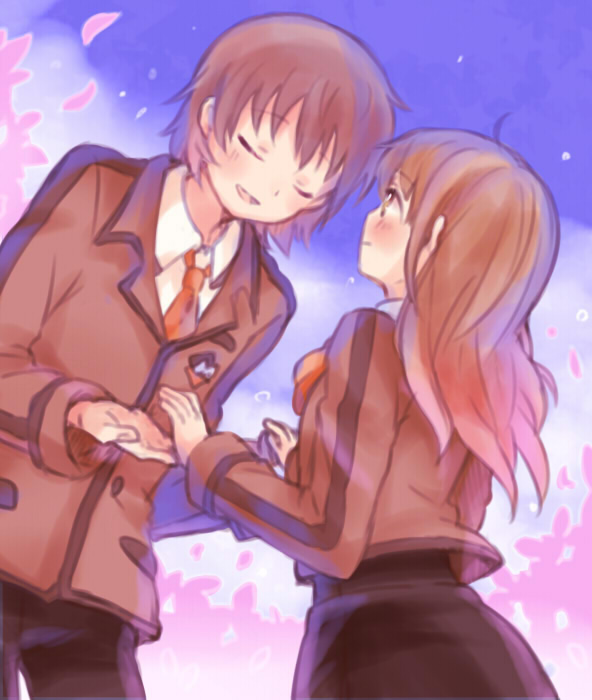 1boy, 1girl, brown_eyes, brown_hair, closed_eyes, couple, hisanuma_sayu, isaki_kaname
