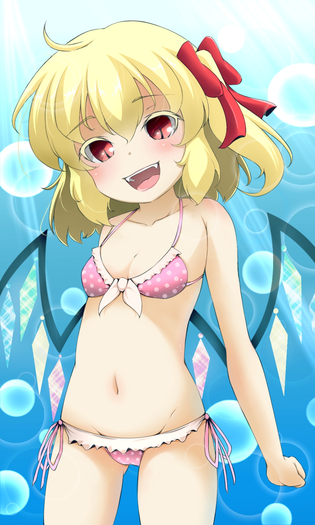 1girl, bikini, blonde_hair, flandre_scarlet, fumi_(fumifumi-graffiti), highres, red_eyes, ribbon, short_hair, side_ponytail, swimsuit, touhou, wings