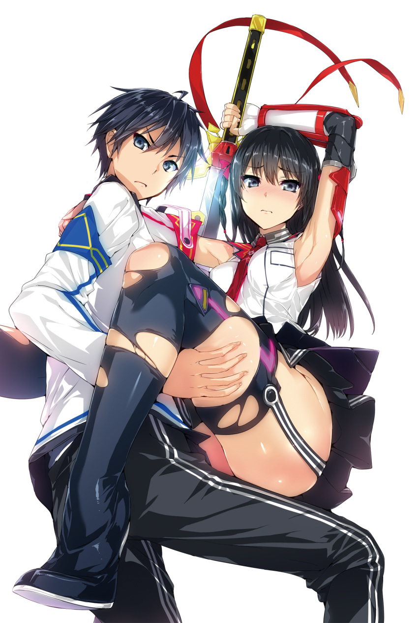 1boy, 1girl, armpits, carrying, highres, hisashi_(nekoman), looking_at_viewer, masou_gakuen_hxh