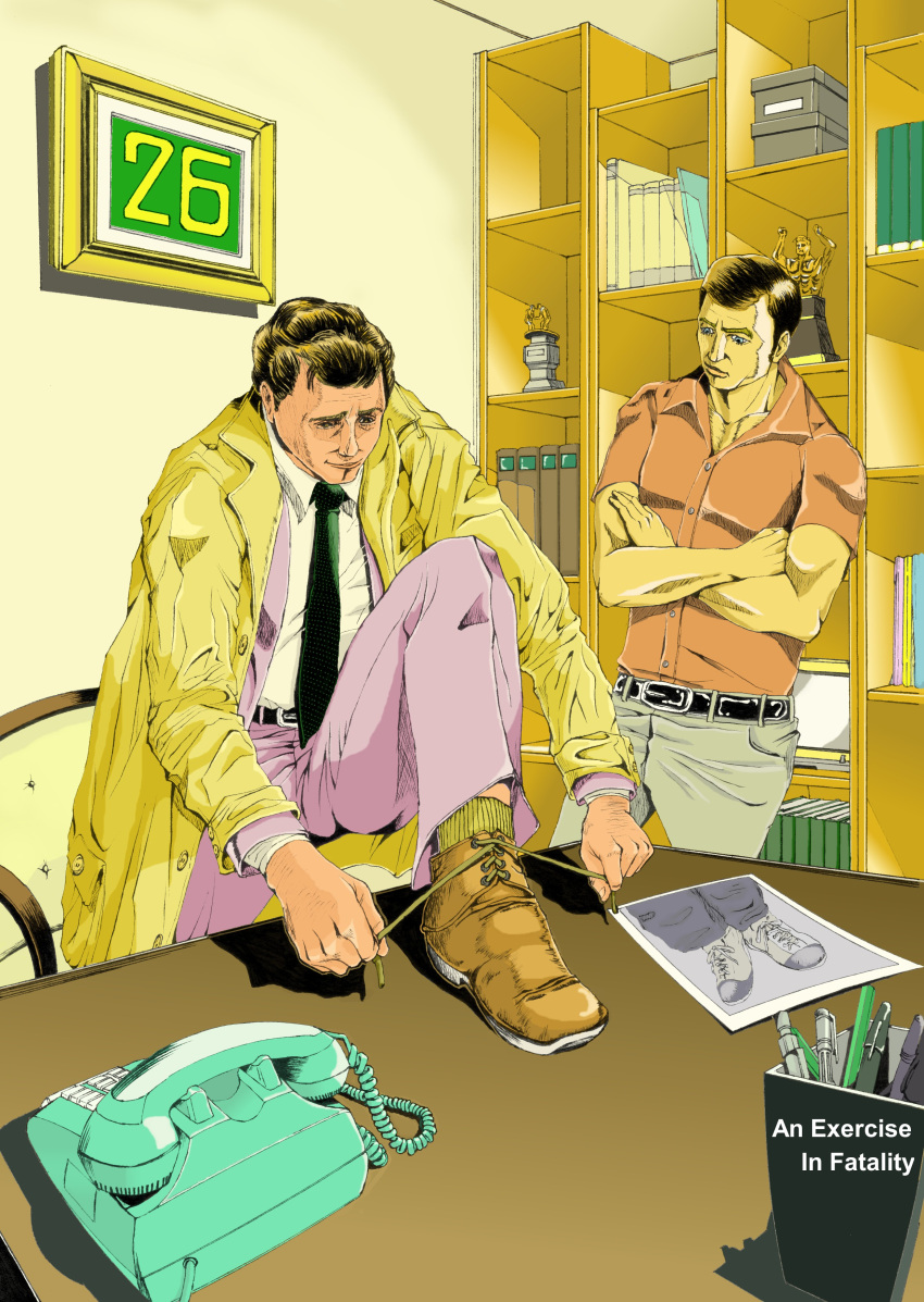 2boys, absurdres, bookshelf, boots, brown_hair, columbo_(detective), crossed_arms, formal