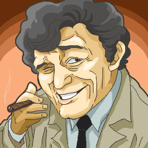 1boy, cigar, columbo_(detective), curly_hair, lowres, necktie, raincoat, simple_background, sketch, smirk
