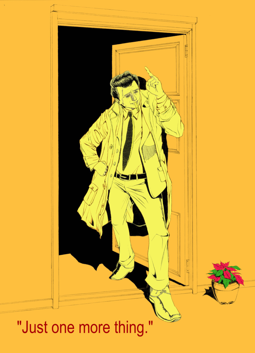 1boy, absurdres, catchphrase, cigar, columbo_(detective), curly_hair, door, flower