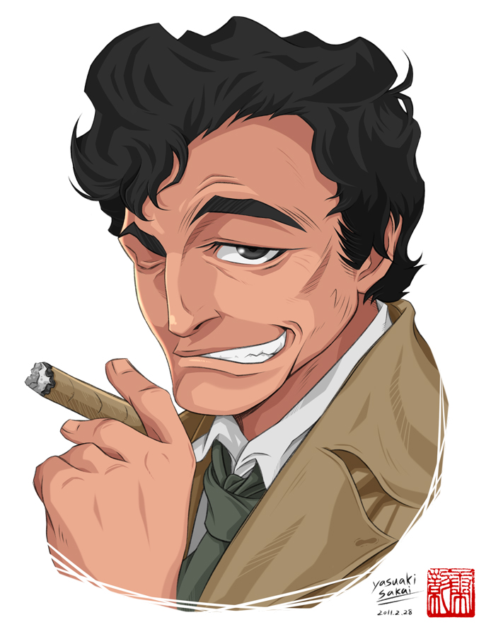1boy, cigar, columbo_(detective), curly_hair, necktie, raincoat, simple_background, smile