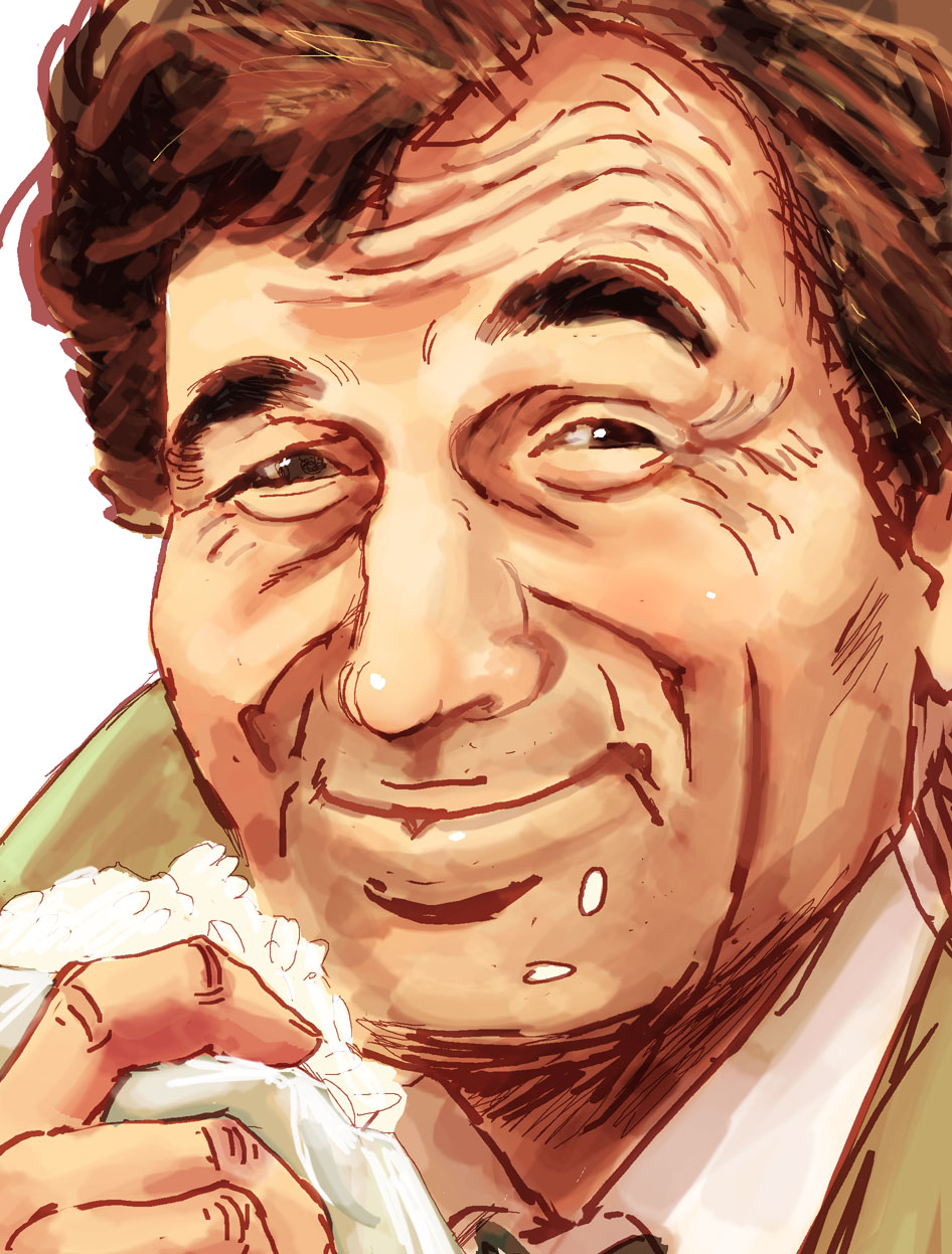 1boy, brown_hair, columbo_(detective), curly_hair, eating, food, food_on_face, furrowed_brow, highres, onigiri, rice_on_face, simple_background, smile