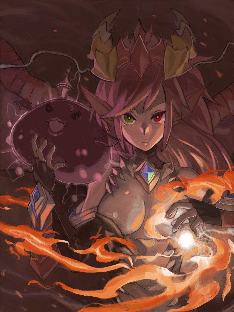 1girl, baddie, breasts, bust, circlet, cleavage, dragon_girl, expressionless, fingerless_gloves, fire, gloves, green_eyes, head_fins, henry_bird_9, heterochromia, holding, jewelry, large_breasts, looking_at_viewer, magic, puzzle_&amp;_dragons, red_eyes, sonia_(p&amp;d)