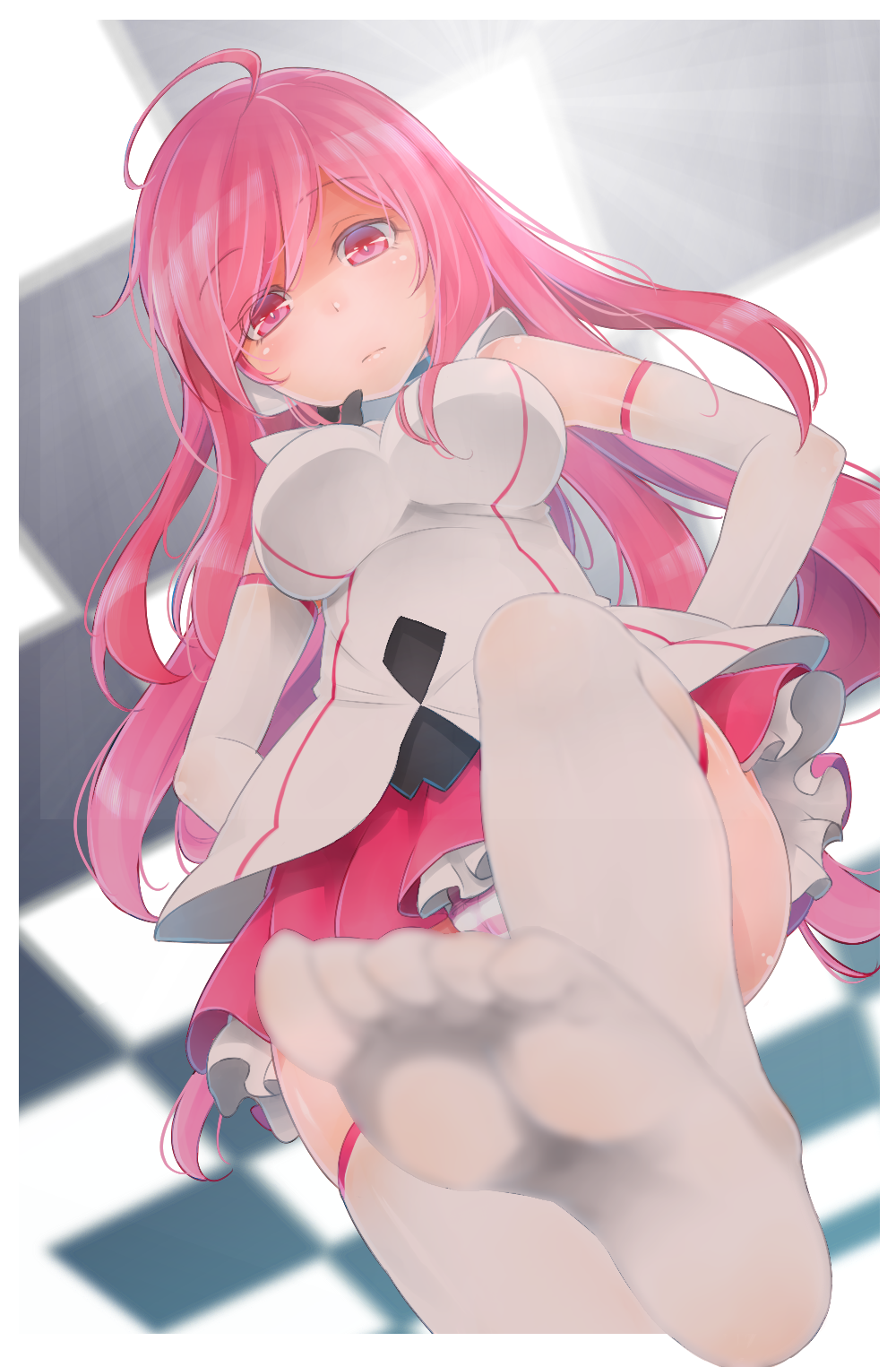 1girl, ahoge, bemani, checkered, checkered_background, elbow_gloves, feet, gloves