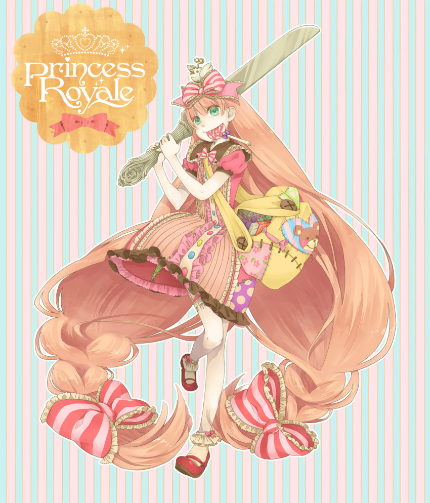 bow, brown_hair, candy, copyright_name, food_in_mouth, fork, gretel_(grimm), hair_bow