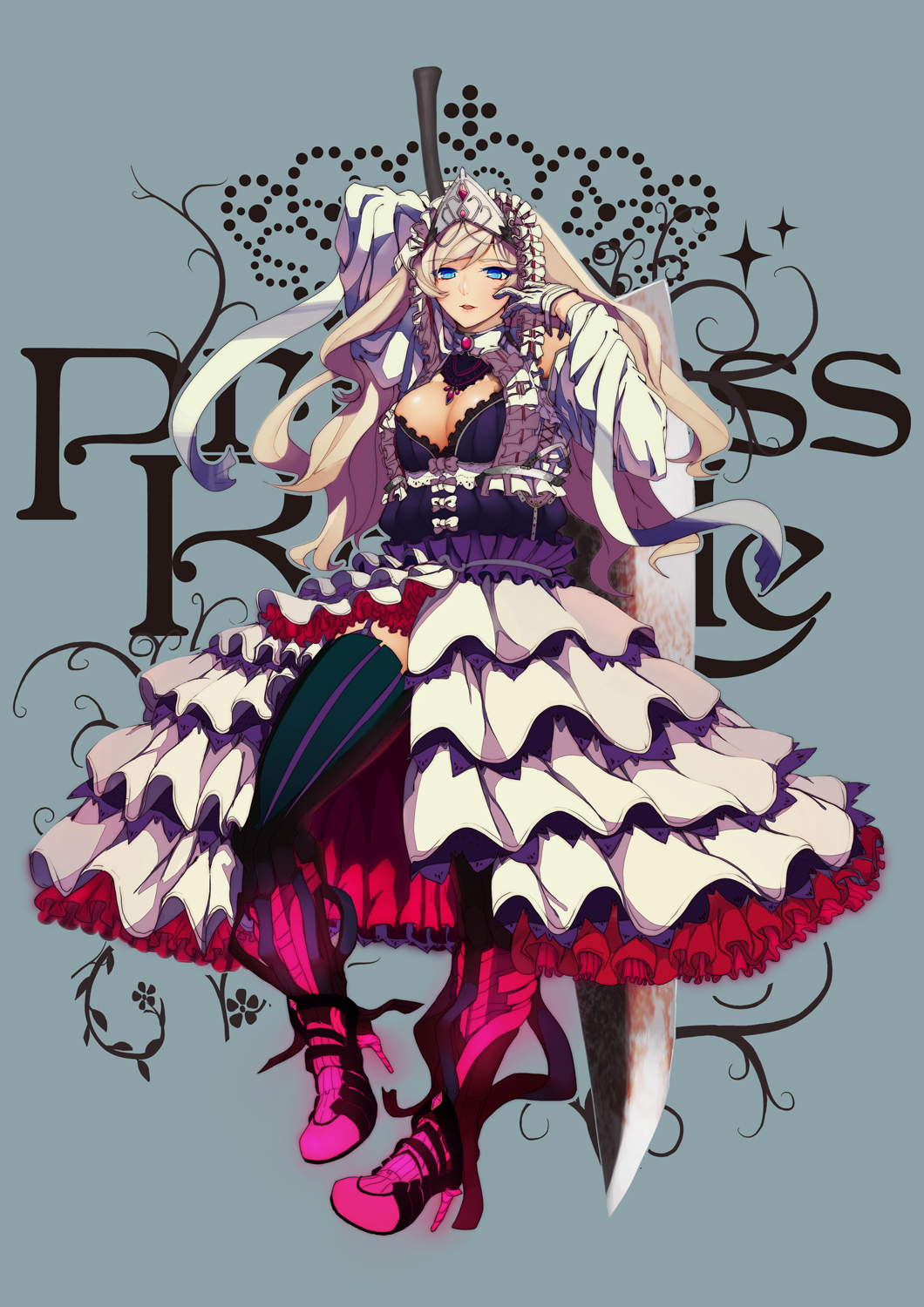 1girl, black_legwear, blonde_hair, blue_eyes, breasts, cinderella, cinderella_(grimm), cleavage