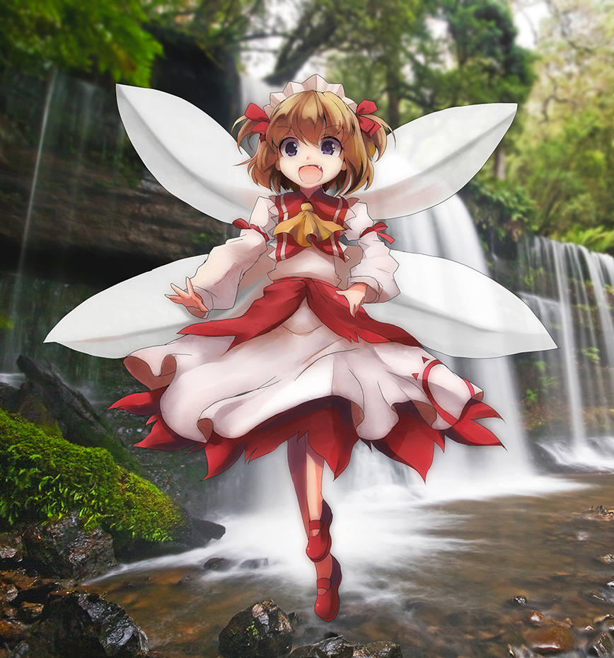 1girl, arm_ribbon, ascot, blonde_hair, blue_eyes, clear_echoes, dress, fairy_wings