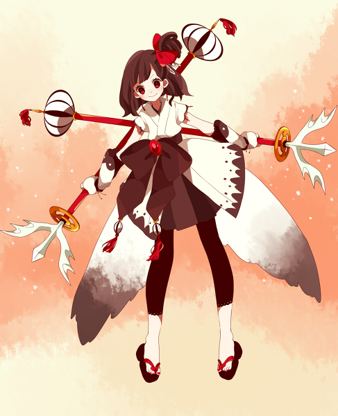 1girl, bow, brown_hair, gloves, hair_bow, japanese_clothes, maco22, princess_royale