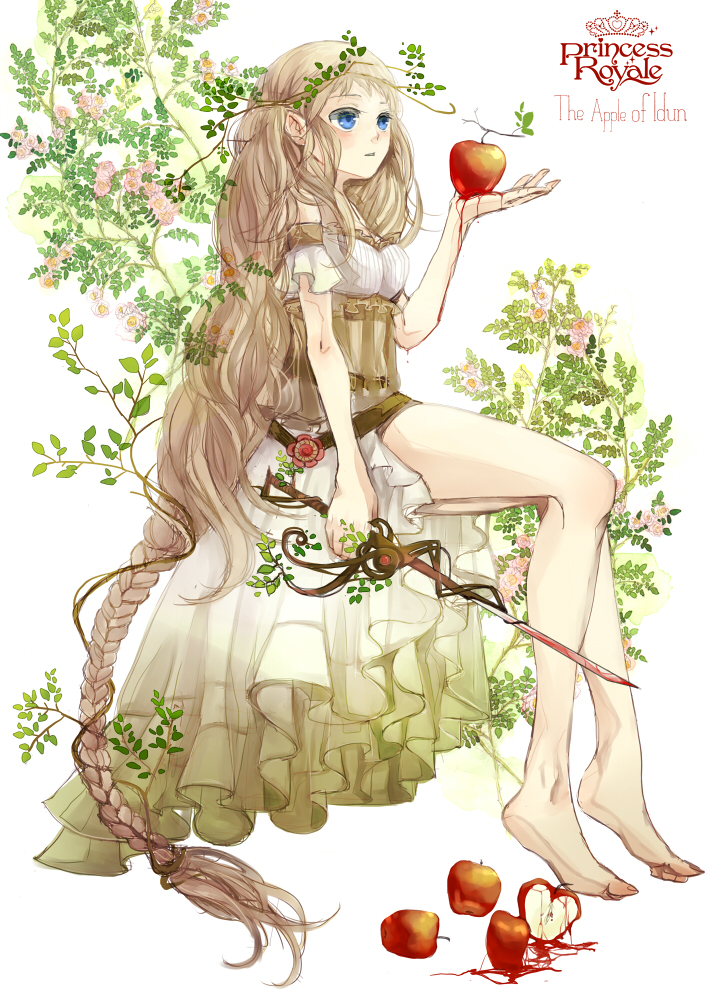 1girl, aiha-deko, apple, bare_shoulders, barefoot, blood, braid, brown_hair