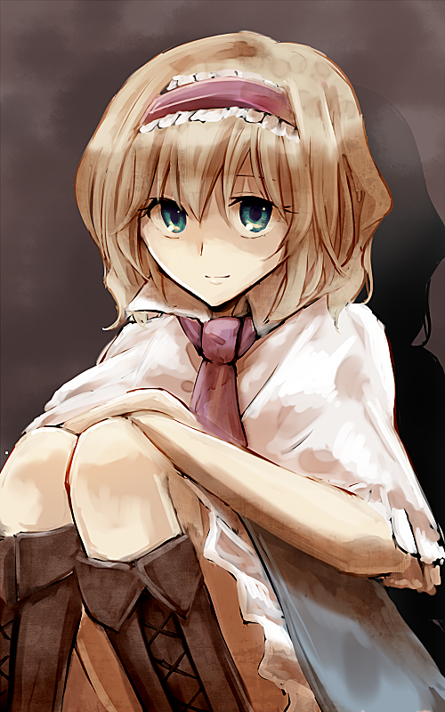 1girl, alice_margatroid, ascot, blonde_hair, blue_dress, blue_eyes, capelet, dress