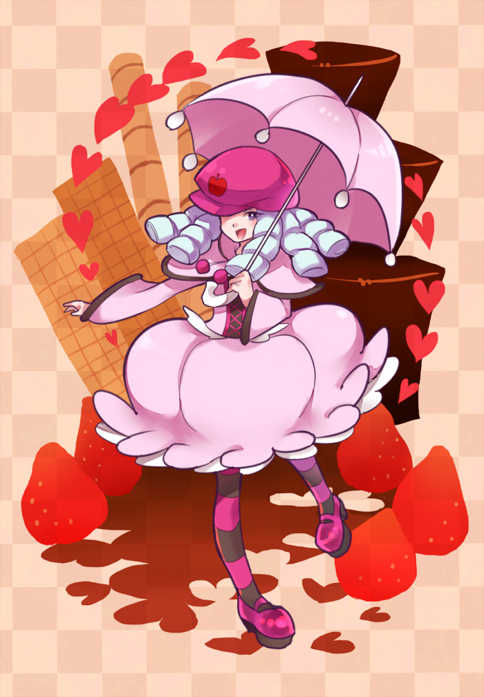 1girl, :d, bubble_skirt, cake, checkered, checkered_background, chocolate_cake, food