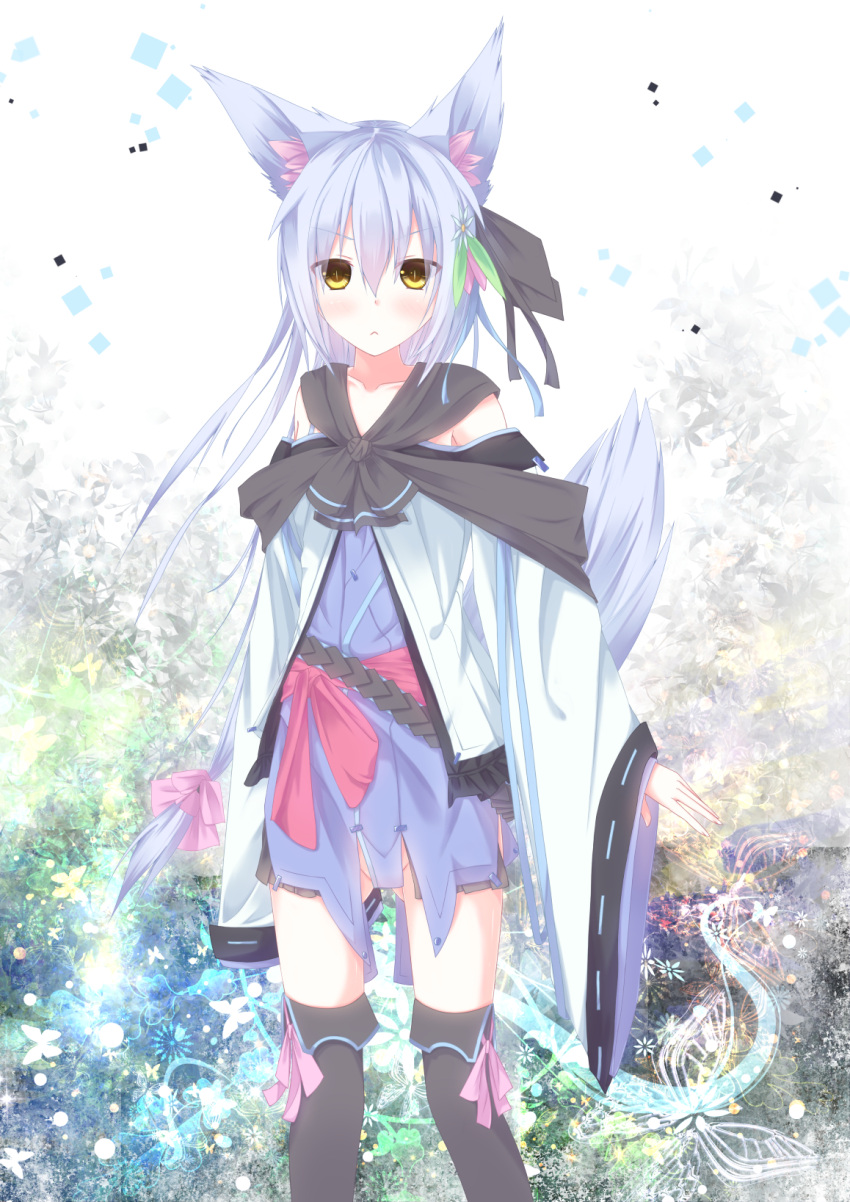 1girl, animal_ears, bangs, black_legwear, blue_hair, blush, bow, collarbone