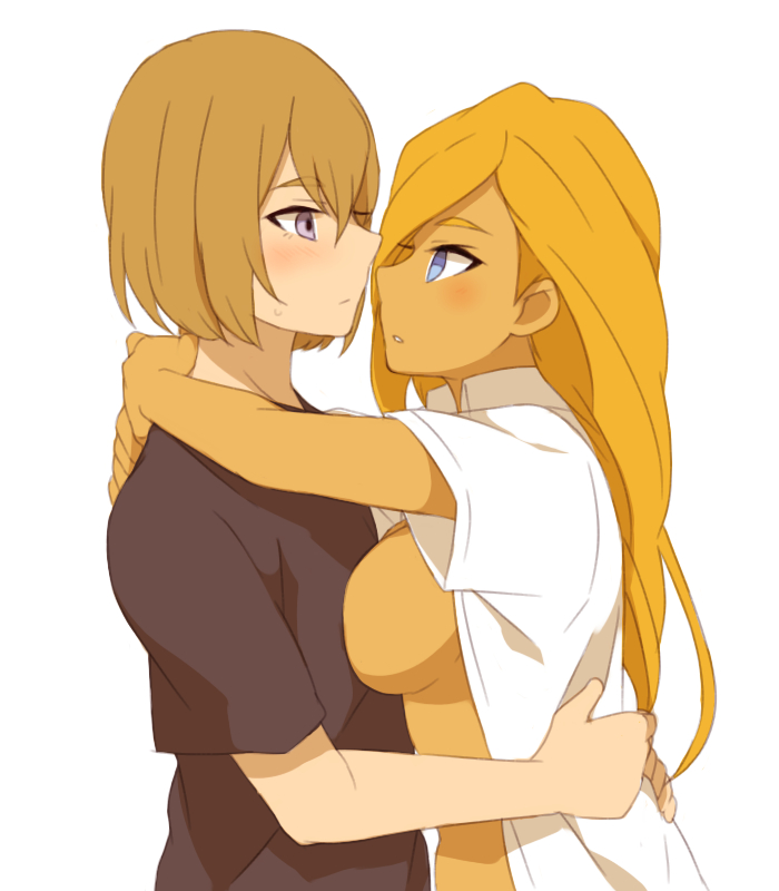 1boy, 1girl, blonde_hair, blue_eyes, blush, breast_press, brown_hair, einamu