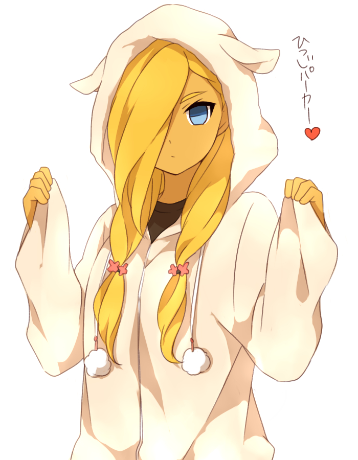 1girl, alternate_hairstyle, blonde_hair, blue_eyes, hair_over_one_eye, heart, hoodie, inazuma_eleven_(series)