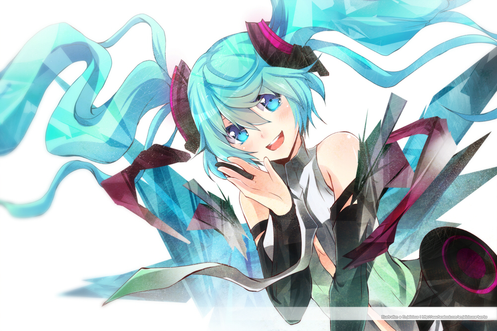 1girl, aqua_eyes, aqua_hair, bridal_gauntlets, enjelicious, floating_hair, hatsune_miku, long_hair