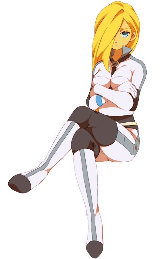 1girl, blonde_hair, blue_eyes, bodysuit, breasts, cosplay, crossed_arms, crossed_legs