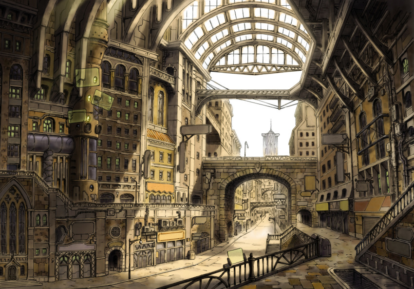 arch, border, bridge, city, cityscape, highres, lamppost, no_humans