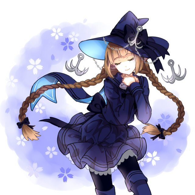 1girl, anchor, boots, bow, braid, brown_hair, closed_eyes, frills