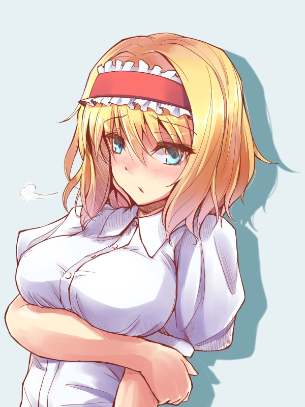 1girl, alice_margatroid, awa_yume, blonde_hair, blue_eyes, blush, hairball, hairband, holding_arm, holding_elbow, sigh, solo, touhou