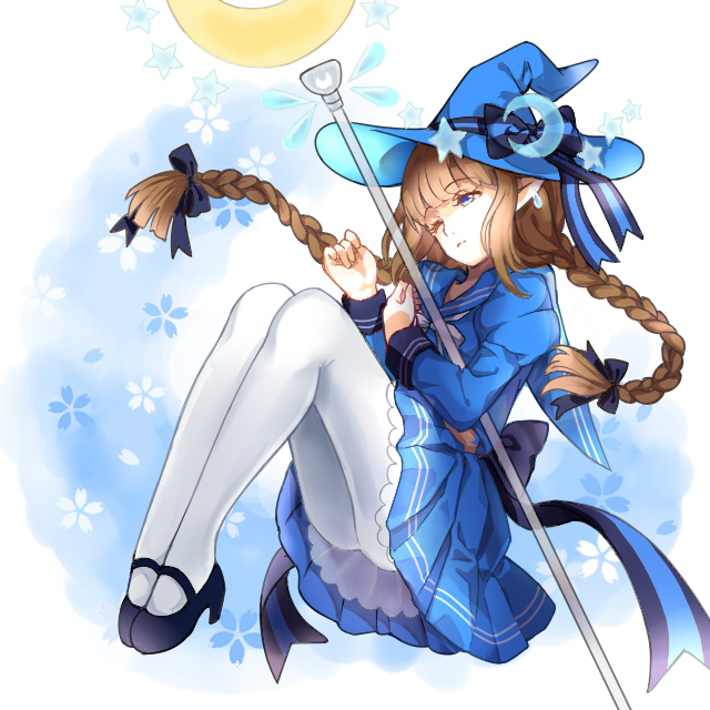 bow, braid, brown_hair, crescent_moon, hat, hat_bow, long_hair, mana_(418208360)