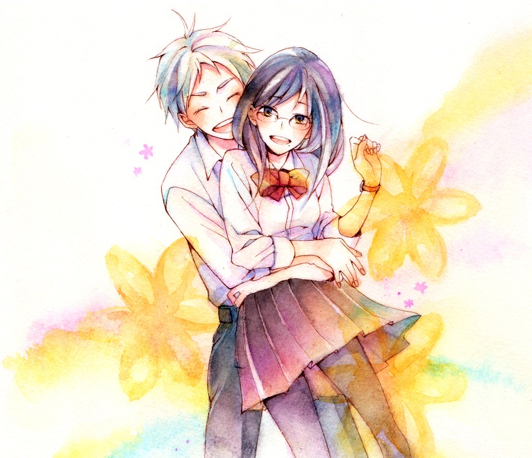1boy, 1girl, black_hair, closed_eyes, couple, glasses, haikyuu!!, happy